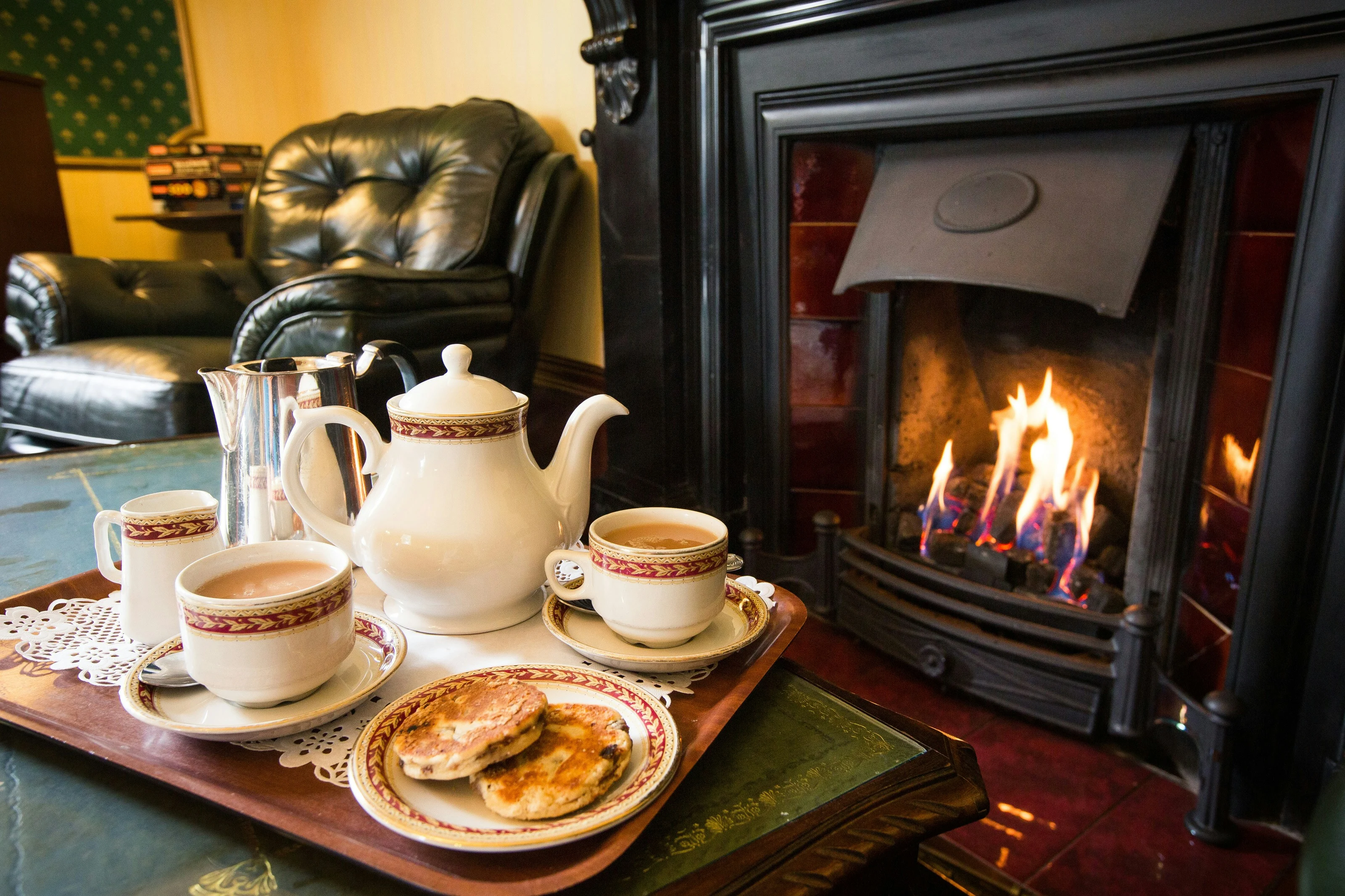 Afternoon tea by the fireplace
